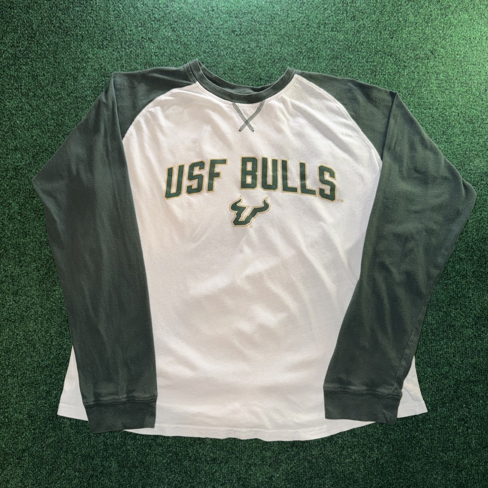 USF Bulls T Shirt Men's L Green White Long Sleeve Collegiate T Shirt